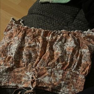 Aeropostale Floral Smocked Crop Top - Cream and Brown